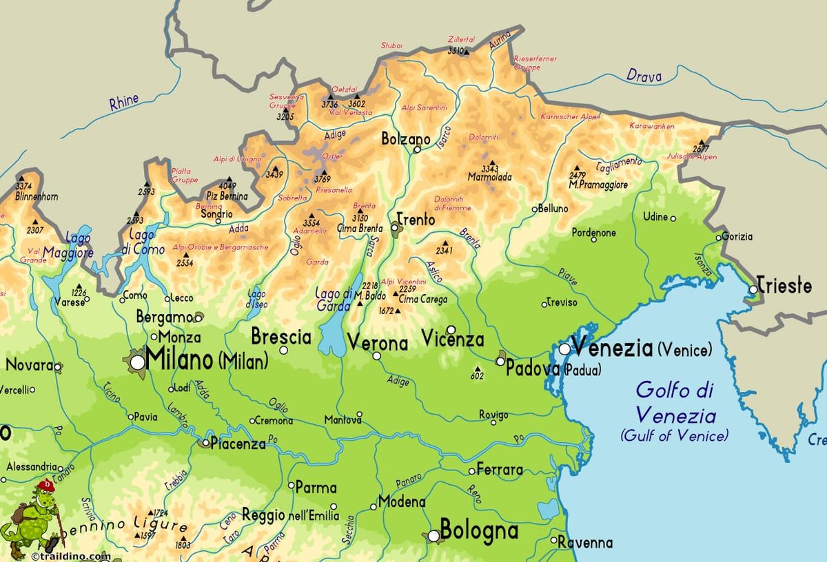 mapa del noreste de Italia