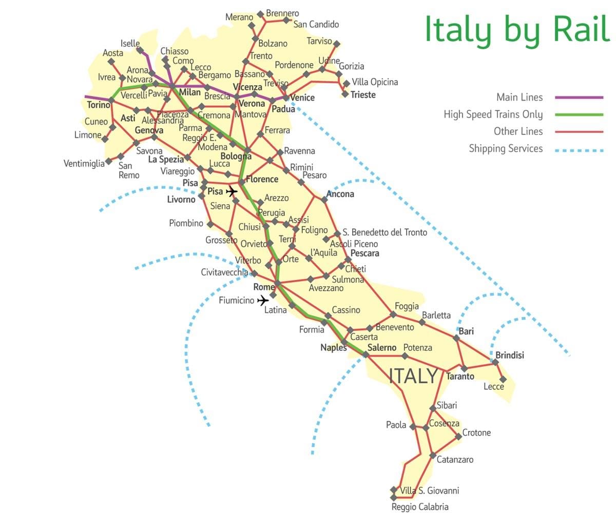 mapa de rutas de tren en el norte de Italia