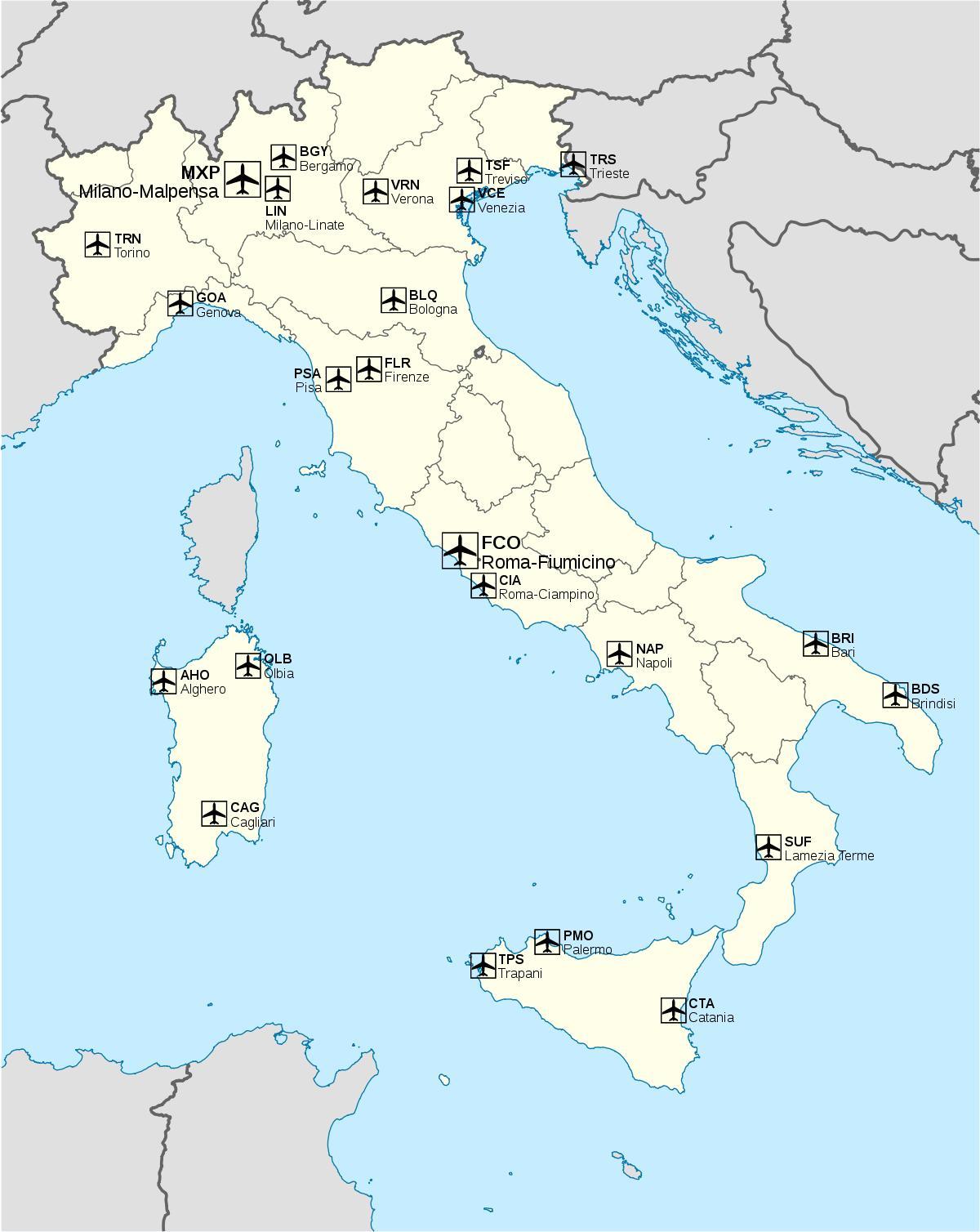 los aeropuertos internacionales en Italia mapa