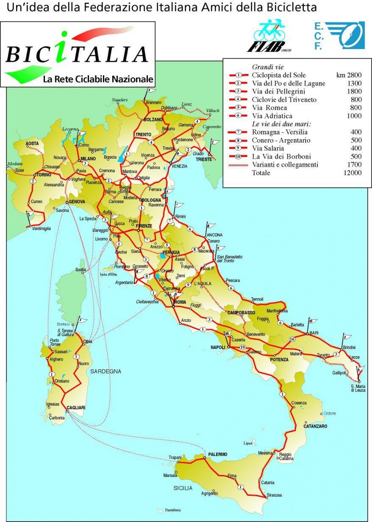 mapa de Italia en bicicleta