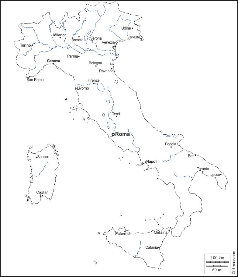 esquema del mapa de Italia con las ciudades