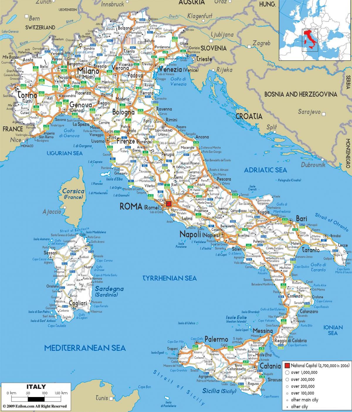 Italia Road Map Mapa De Carreteras De Italia Detallada En El Sur De Europa Europa