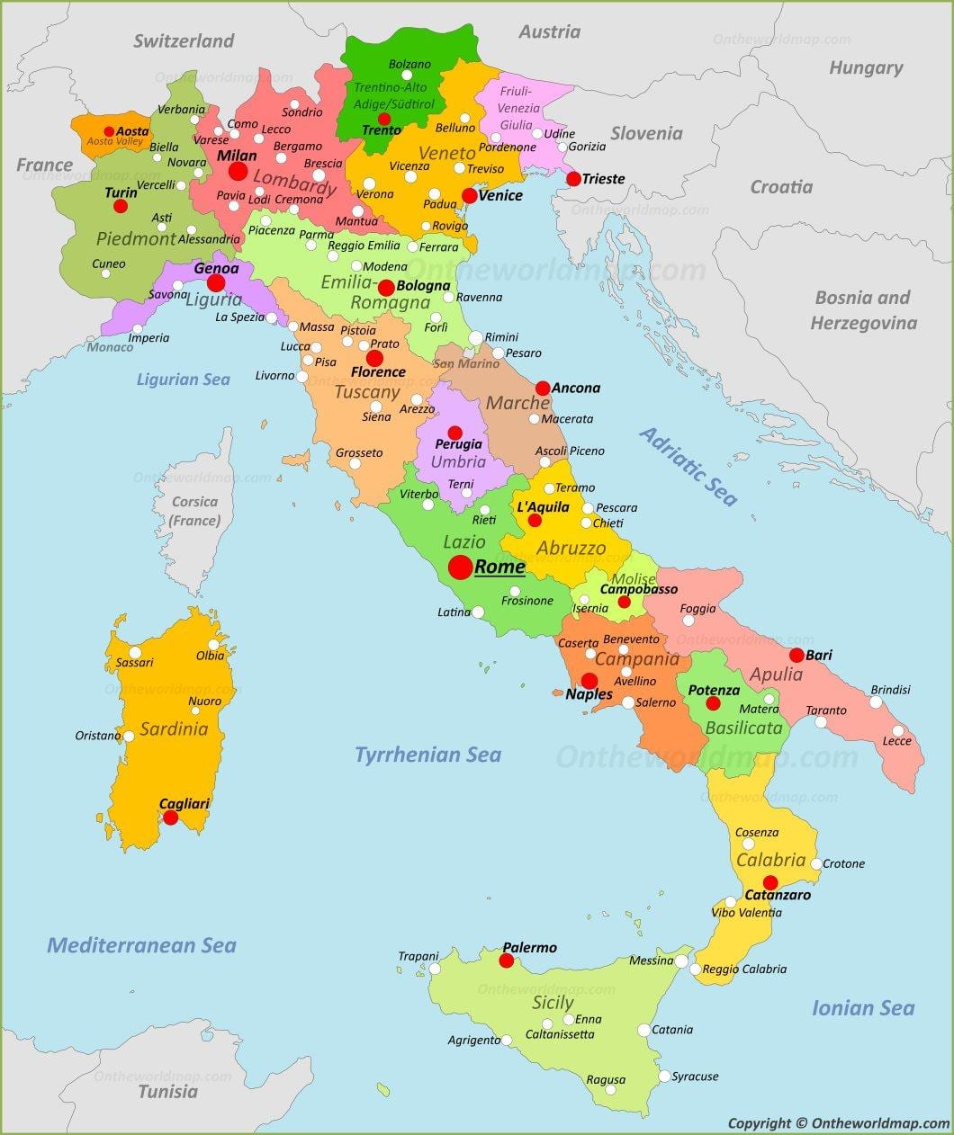 Italia mapa con las ciudades y regiones