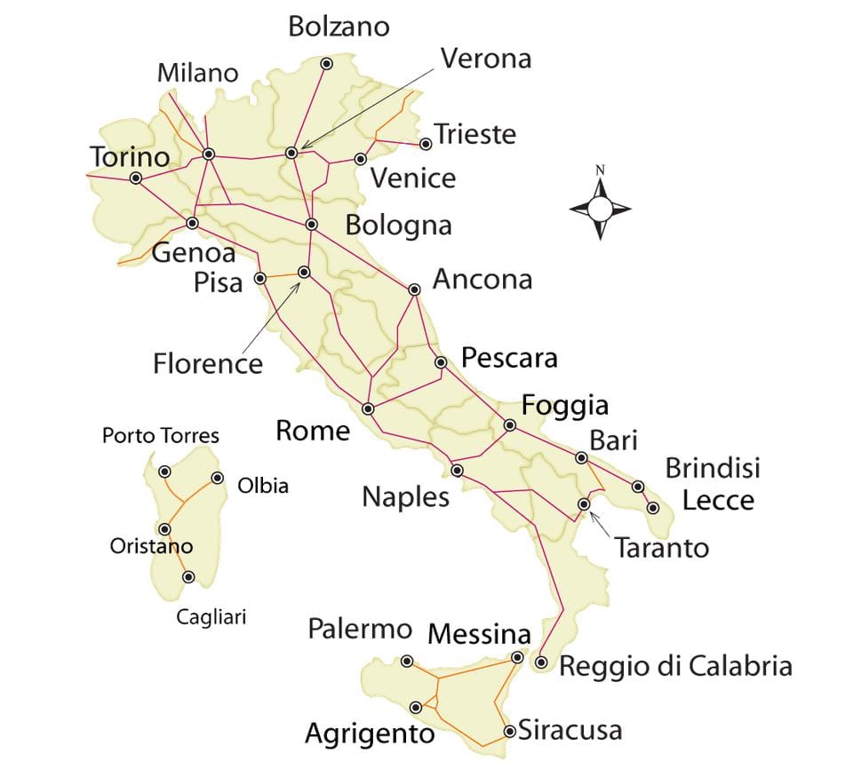 mapa de trenes de Italia de la red