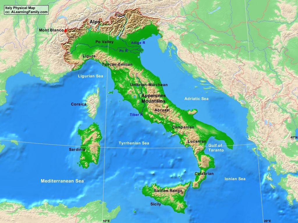mapa de montañas de Italia