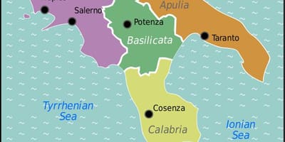 Mapa del sur de Italia con las ciudades